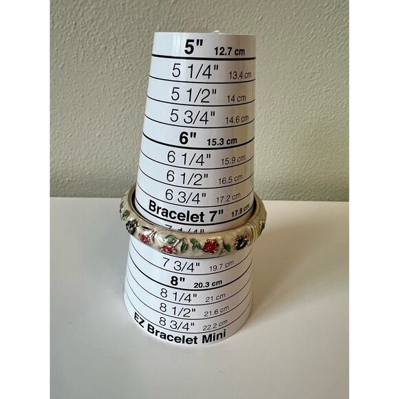 Vintage Cloisonne 7" Cuff Bangle Bracelet Hinged Ivory Purple / Red Flowers - Picture 3 of 4